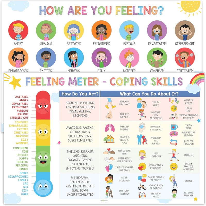 HAMIEW Feelings Chart for Kids Colorful - Coping Skills Emotions Chart Poster - Calm Down Corner Supplies - Mental Health Posters for Kids - School Counselor Psychologist Toddler Preschool Homeschool - Image 1